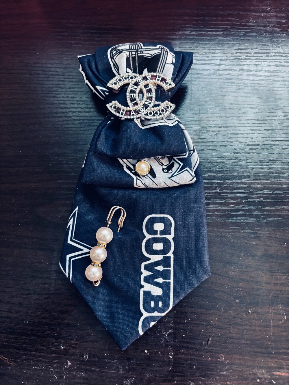 Upcycle CHANEL Navy and White Rhinestone CC Brooch on Cowboys necktie